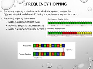 FREQUENCY HOPPING
• Frequency hopping is mechanism in which the system changes the
frequency (uplink and downlink) during transmission at regular intervals.
• Frequency hopping parameters :
• MOBILE ALLOCATION LIST (MA)
• HOPPING SEQUENCE NUMBER (HSN)
• MOBILE ALLOCATION INDEX OFFSET (MAIO)
 