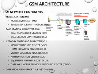 GSM ARCHITECTURE
GSM NETWORK COMPONENTS
• MOBILE STATION (MS)
• MOBILE EQUIPMENT (ME)
• SUBSCRIBER IDENTITY MODULE (SIM)
• BASE STATION SUBSYSTEM (BSS)
• BASE TRANSCEIVER STATION (BTS)
• BASE STATION CONTROLLER (BSC)
• NETWORK SWITCHING SUBSYSTEM(NSS)
• MOBILE SWITCHING CENTER (MSC)
• HOME LOCATION REGISTER (HLR)
• VISITOR LOCATION REGISTER (VLR)
• AUTHENTICATION CENTER (AUC)
• EQUIPMENT IDENTITY REGISTER (EIR)
• GATE WAY MOBILE SERVICES SWITCHING CENTER (GMSC)
• OPERATION AND SUPPORT SUBSYSTEM (OSS)
 
