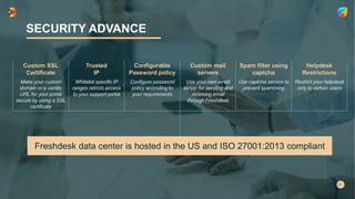 SECURITY ADVANCE
Custom SSL
Certificate
Trusted
IP
Configurable
Password policy
Custom mail
servers
Spam filter using
captcha
Helpdesk
Restrictions
Make your custom
domain or a vantity
URL for your portal
secure by using a SSL
certificate
Whitelist specific IP
ranges retricts access
to your support portal
Configure password
policy accroding to
your requirements
Use your own email
server for sending and
receiving email
through Freshdesk
Use captcha service to
prevent spamming
Restrict your helpdesk
only to certain users
Freshdesk data center is hosted in the US and ISO 27001:2013 compliant
 