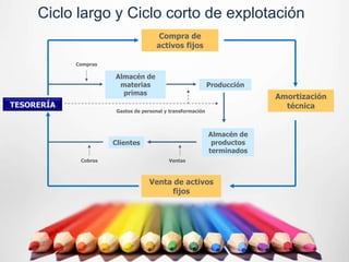 Ciclo largo y Ciclo corto de explotación
                                       Compra de
                                      activos fijos

            Compras

                      Almacén de
                       materias                              Producción
                        primas
                                                                          Amortización
TESORERÍA                                                                   técnica
                       Gastos de personal y transformación



                                                             Almacén de
                      Clientes                                productos
                                                             terminados
             Cobros                        Ventas



                                   Venta de activos
                                        fijos
 