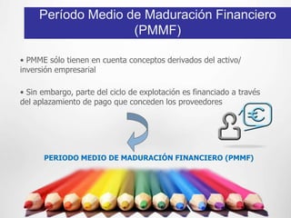 Período Medio de Maduración Financiero
                    (PMMF)

• PMME sólo tienen en cuenta conceptos derivados del activo/
inversión empresarial

• Sin embargo, parte del ciclo de explotación es financiado a través
del aplazamiento de pago que conceden los proveedores




      PERIODO MEDIO DE MADURACIÓN FINANCIERO (PMMF)
 