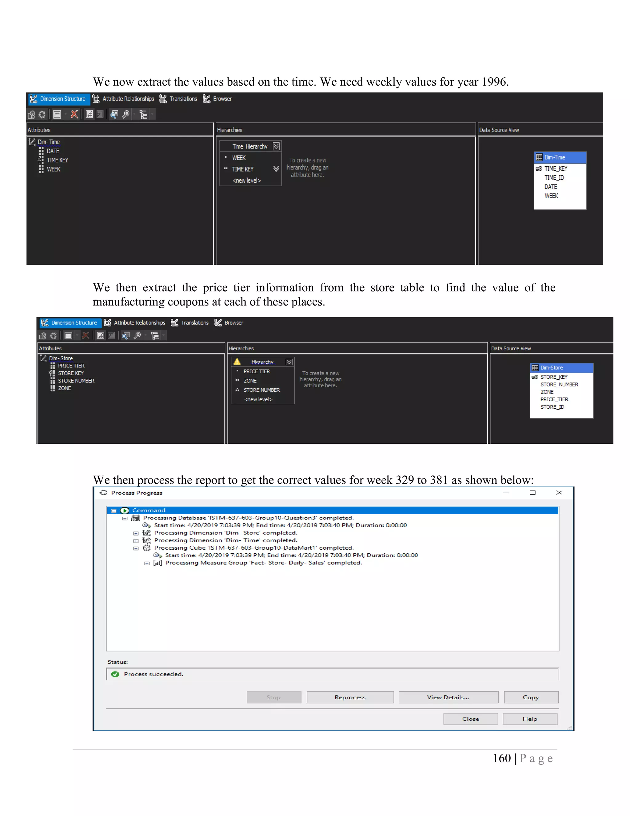 160 | P a g e
We now extract the values based on the time. We need weekly values for year 1996.
We then extract the price tier information from the store table to find the value of the
manufacturing coupons at each of these places.
We then process the report to get the correct values for week 329 to 381 as shown below:
 