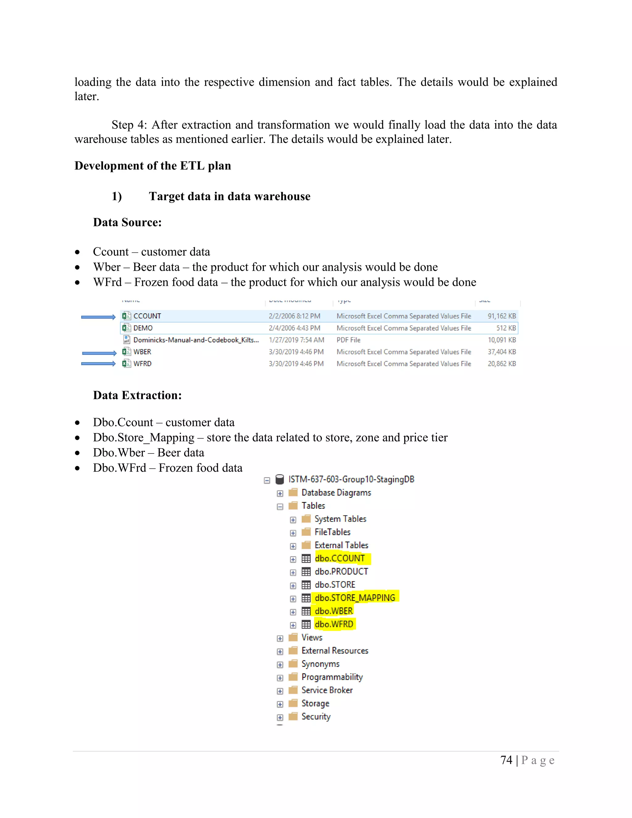 74 | P a g e
loading the data into the respective dimension and fact tables. The details would be explained
later.
Step 4: After extraction and transformation we would finally load the data into the data
warehouse tables as mentioned earlier. The details would be explained later.
Development of the ETL plan
1) Target data in data warehouse
Data Source:
• Ccount – customer data
• Wber – Beer data – the product for which our analysis would be done
• WFrd – Frozen food data – the product for which our analysis would be done
Data Extraction:
• Dbo.Ccount – customer data
• Dbo.Store_Mapping – store the data related to store, zone and price tier
• Dbo.Wber – Beer data
• Dbo.WFrd – Frozen food data
 