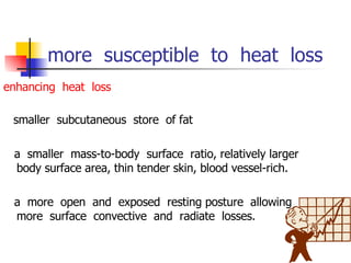 more  susceptible  to  heat  loss enhancing  heat  loss smaller  subcutaneous  store  of fat a  smaller  mass-to-body  surface  ratio, relatively larger body surface area, thin tender skin, blood vessel-rich. a  more  open  and  exposed  resting posture  allowing  more  surface  convective  and  radiate  losses. 