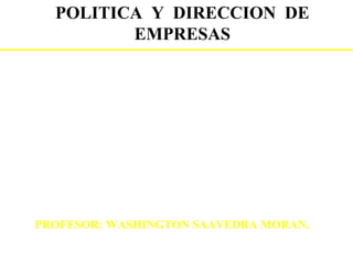 POLITICA Y DIRECCION DE
         EMPRESAS




PROFESOR: WASHINGTON SAAVEDRA MORAN.
 