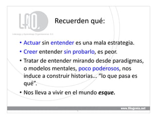 Recuerden	
  qué:	
  

•  Actuar	
  sin	
  entender	
  es	
  una	
  mala	
  estrategia.	
  
•  Creer	
  entender	
  sin	
  probarlo,	
  es	
  peor.	
  
•  Tratar	
  de	
  entender	
  mirando	
  desde	
  paradigmas,	
  
   o	
  modelos	
  mentales,	
  poco	
  poderosos,	
  nos	
  
   induce	
  a	
  construir	
  historias…	
  “lo	
  que	
  pasa	
  es	
  
   qué”.	
  	
  
•  Nos	
  lleva	
  a	
  vivir	
  en	
  el	
  mundo	
  esque.	
  

                      Liderazgo	
  y	
  Aprendizaje	
  Organizacional,	
  S.	
  
                                                                                   7	
  
                                               C.	
  
 