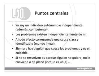 Puntos	
  centrales	
  

•  Yo	
  soy	
  un	
  individuo	
  autónomo	
  e	
  independiente.	
  
   (además,	
  competente).	
  
•  Los	
  problemas	
  existen	
  independientemente	
  de	
  mi.	
  
•  A	
  todo	
  efecto	
  corresponde	
  una	
  causa	
  clara	
  e	
  
   iden@ﬁcable	
  (mundo	
  lineal).	
  
•  Siempre	
  hay	
  alguien	
  que	
  causa	
  los	
  problemas	
  y	
  es	
  el	
  
   culpable.	
  
•  Si	
  no	
  se	
  resuelven	
  es	
  porque	
  alguien	
  no	
  quiere,	
  no	
  le	
  
   conviene	
  o	
  de	
  plano	
  porque	
  es	
  un(a)	
  …	
  
                            Liderazgo	
  y	
  Aprendizaje	
  Organizacional,	
  S.	
  
                                                                                         9	
  
                                                     C.	
  
 