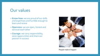 Our values
• Know-how: we are proud of our skills
and expertises and humble enough to
learn and renew
• Openness: we are open, honest and
we trust each other
• Courage: we carry
responsibility, seize opportunities and
share our passion in success
People make it happen
 