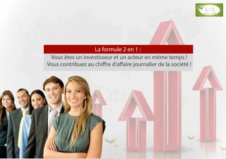 La formule 2 en 1 :
Vous êtes un investisseur et un acteur en même temps !
Vous contribuez au chiffre d’affaire journalier de la société !
 