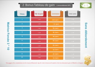 ( renouvellement VIP )
MatriceForcée3*10
Sansdébordement
Vous gagnez des commissions sur les renouvellemenets vips de votre réseau sur la matrice des investissement qui est illimitée en largeur.
 