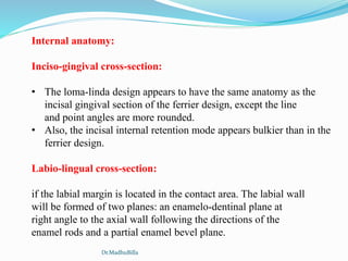 Internal anatomy:
Inciso-gingival cross-section:
• The loma-linda design appears to have the same anatomy as the
incisal gingival section of the ferrier design, except the line
and point angles are more rounded.
• Also, the incisal internal retention mode appears bulkier than in the
ferrier design.
Labio-lingual cross-section:
if the labial margin is located in the contact area. The labial wall
will be formed of two planes: an enamelo-dentinal plane at
right angle to the axial wall following the directions of the
enamel rods and a partial enamel bevel plane.
Dr.MadhuBilla
 