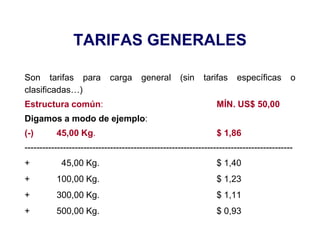 TARIFAS GENERALES
Son tarifas para carga general (sin tarifas específicas o
clasificadas…)
Estructura común: MÍN. US$ 50,00
Digamos a modo de ejemplo:
(-) 45,00 Kg. $ 1,86
-------------------------------------------------------------------------------------------
+ 45,00 Kg. $ 1,40
+ 100,00 Kg. $ 1,23
+ 300,00 Kg. $ 1,11
+ 500,00 Kg. $ 0,93
 