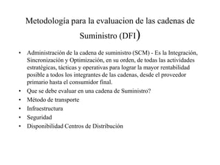 Metodología para la evaluacion de las cadenas de
Suministro (DFI)
• Administración de la cadena de suministro (SCM) - Es la Integración,
Sincronización y Optimización, en su orden, de todas las actividades
estratégicas, tácticas y operativas para lograr la mayor rentabilidad
posible a todos los integrantes de las cadenas, desde el proveedor
primario hasta el consumidor final.
• Que se debe evaluar en una cadena de Suministro?
• Método de transporte
• Infraestructura
• Seguridad
• Disponibilidad Centros de Distribución
 