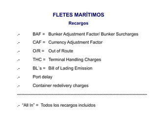 FLETES MARÍTIMOS
Recargos
.- BAF = Bunker Adjustment Factor/ Bunker Surcharges
.- CAF = Currency Adjustment Factor
.- O/R = Out of Route
.- THC = Terminal Handling Charges
.- BL´s = Bill of Lading Emission
.- Port delay
.- Container redelivery charges
------------------------------------------------------------------------------------------
.- “All In” = Todos los recargos incluidos
 