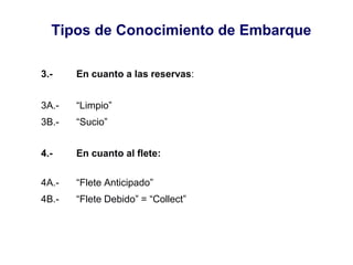 Tipos de Conocimiento de Embarque
3.- En cuanto a las reservas:
3A.- “Limpio”
3B.- “Sucio”
4.- En cuanto al flete:
4A.- “Flete Anticipado”
4B.- “Flete Debido” = “Collect”
 