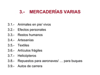 3.- MERCADERÍAS VARIAS
3.1.- Animales en pie/ vivos
3.2.- Efectos personales
3.3.- Restos humanos
3.4.- Artesanías
3.5.- Textiles
3.6.- Artículos frágiles
3.7.- Helicópteros
3.8.- Repuestos para aeronaves/ … para buques
3.9.- Autos de carrera
 