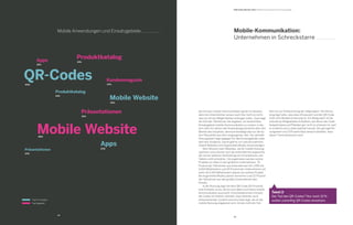 25
24
Präsentationen
Produktkatalog
21%Apps
16%
QR-Codes50%
Produktkatalog
14%
Mobile Website
23%
Apps
23%
Präsentationen
12%
19%
Mobile Website48%
Kundenmagazin
15%
B2B Online-Monitor 2013 / Mobile Kommunikation und Anwendungen
	 Top 5 im Einsatz
	 Top 5 geplant
Mobile Anwendungen und Einsatzgebiete Mobile-Kommunikation:
Unternehmen in Schreckstarre
Der Einsatz mobiler Kommunikation gerät ins Stocken,
denn die Unternehmen wissen auch hier nicht so recht,
was sie mit den Möglichkeiten anfangen sollen. Zwar liegt
die Zahl der Teilnehmer, die angeben, ein bestimmtes
Einsatzgebiet mobiler Kommunikation zu nutzen, in die-
sem Jahr für nahezu alle Anwendungsszenarien über den
Werten des Vorjahres, dennoch bestätigt das nur die ho-
hen Planzahlen aus dem vergangenen Jahr. Der aktuelle
Planungswert liegt dagegen für alle Einsatzgebiete unter
dem des Vorjahres. Davon gibt es nur zwei Ausnahmen:
mobile Websites und Augmented-Reality-Anwendungen.
	 Dem Wunsch nach Websites, die für mobile Nutzung
optimiert sind, können sich die Unternehmen angesichts
der immer weiteren Verbreitung von Smartphones und
Tablets nicht entziehen. Vorangetrieben werden solche
Projekte vor allem in den größeren Unternehmen. 75
Prozent der Teilnehmer aus Unternehmen mit 1.000 bis
5.000 Mitarbeitern und 55 Prozent der Unternehmen mit
mehr als 5.000 Mitarbeitern planen ein solches Projekt.
Bei Augmented Reality planen immerhin rund 22 Prozent
der Teilnehmer aus den großen Unternehmen den
Einsatz.
	 In der Nutzung liegt mit dem QR-Code (50 Prozent)
eine Funktion vorne, die für sich allein noch keine mobile
Kommunikation ausmacht. Entscheidend beim Einsatz
der Codes ist nämlich vielmehr, dass dahinter auch
entsprechender Content und eine Seite liegt, die an die
mobile Nutzung angepasst wird. Ist das nicht der Fall,
führt es zur Enttäuschung der Zielgruppen. Die Vermu-
tung liegt nahe, dass dies oft passiert und der QR-Code
mehr eine Modeerscheinung ist. Ein Beleg dafür ist die
Vielzahl an fehlgeleiteten Einsätzen, bei denen der Code
beispielsweise auf Plakaten gar nicht zu erfassen ist, weil
er schlecht und zu klein platziert wurde. Der geringe Pla-
nungswert von 12 Prozent lässt darauf schließen, dass
dieser Trend abnehmen wird.
Tweet it
Der Tod des QR-Codes? Nur noch 12 %
wollen zukünftig QR-Codes einsetzen.
 