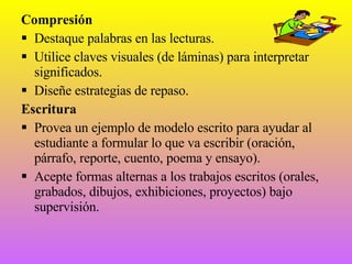 Compresión Destaque palabras en las lecturas. Utilice claves visuales (de láminas) para interpretar significados. Diseñe estrategias de repaso. Escritura Provea un ejemplo de modelo escrito para ayudar al estudiante a formular lo que va escribir (oración, párrafo, reporte, cuento, poema y ensayo). Acepte formas alternas a los trabajos escritos (orales, grabados, dibujos, exhibiciones, proyectos) bajo supervisión. 