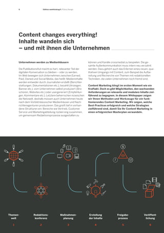 6

Edition webthinking® / Story Design

Content changes everything!
Inhalte wandeln sich
– und mit ihnen die Unternehmen
Unternehmen werden zu Medienhäusern
Die Publikationsflut macht es hart, relevanter Teil der
digitalen Konversation zu bleiben – oder zu werden.
Im Web bewegen sich Unternehmen zwischen Earned,
Paid, Owned und Social Media, das heißt: Medieninhalte
werden entweder durch Journalisten erstellt (Berichterstattungen, Dokumentationen etc.), bezahlt (Anzeigen,
Banner etc.), vom Unternehmen selbst produziert (Broschüren, Websites etc.) oder usergeneriert (Empfehlungen, Kommentare etc.). Letztere beherrschen inzwischen
die Netzwelt, deshalb müssen auch Unternehmen heute
nach dem Vorbild klassischer Medienhäuser und Nachrichtenagenturen produzieren. Das greift tief in vorhandene Strukturen ein: Bereiche wie Vertrieb, Customer
Service und Marketingabteilung rücken eng zusammen,
um gemeinsam Redaktionsprozesse ausgestalten zu

können und Kanäle crossmedial zu bespielen. Die gesamte Außenkommunikation muss intern neu verzahnt
werden. Dazu gehört auch das Erlernen eines neuen, qualitativen Umgangs mit Content, zum Beispiel die Aufbereitung und Recherche von Themen mit redaktionellen
Techniken, die vielen Unternehmen noch fremd sind.
Content Marketing klingt im ersten Moment wie ein
Kraftakt. Doch es gibt Möglichkeiten, den wachsenden
Anforderungen an relevante und modulare Inhalte zielführend zu begegnen. In diesem Whitepaper zeigen
wir Ihnen Methoden und Werkzeuge für ein funktionierendes Content Marketing. Wir zeigen, welche
Best-Practices erfolgreich und welche Strategien
zielführend sind, damit Sie Ihr Content Marketing in
einen erfolgreichen Masterplan verwandeln.

Themenwelt

Redaktionskonferenz

Maßnahmenplanung

Erstellung
der Inhalte

Freigabeprozess

Veröffentlichung

1

2

3

4

5

6

 