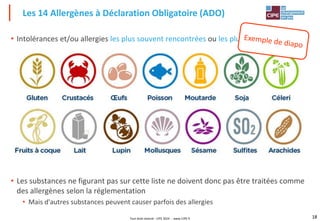 Tout droit réservé - CIPE 2024 - www.CIPE.fr 18
18
• Intolérances et/ou allergies les plus souvent rencontrées ou les plus importantes
• Les substances ne figurant pas sur cette liste ne doivent donc pas être traitées comme
des allergènes selon la réglementation
• Mais d'autres substances peuvent causer parfois des allergies
Les 14 Allergènes à Déclaration Obligatoire (ADO)
 