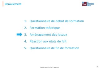 Tout droit réservé - CIPE 2024 - www.CIPE.fr 23
1. Questionnaire de début de formation
2. Formation théorique
3. Aménagement des locaux
4. Réaction aux états de fait
5. Questionnaire de fin de formation
Déroulement
 