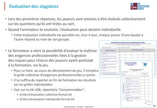 Tout droit réservé - CIPE 2024 - www.CIPE.fr 34
• Lors des premières réponses, les joueurs sont amenés à être évalués collectivement
sur les questions qu'ils ont tirées au sort.
• Quand l'animateur le souhaite, l'évaluation peut devenir individuelle.
• Cette évaluation individuelle est possible car, tour à tour, chaque joueur d'une équipe à
l'autre répond au nom de son groupe.
• Le formateur a alors la possibilité d'évaluer la maîtrise
des exigences professionnelles liées à la gestion
des risques pour chacun des joueurs ayant participé
à la formation, via le jeu.
• Pour ce faire, au cours du déroulement du jeu, il remplira
la grille collective d'exigences professionnelles ci-jointe.
• Il lui suffira de reporter en fin de formation les résultats
sur les grilles individuelles.
• Voir sur la clé USB, répertoire "Consommables" :
• Grilles d'évaluation collective format A4
• Grilles d'évaluation individuelle format A4
Évaluation des stagiaires
 