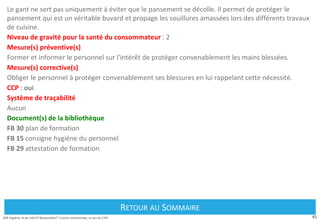 45
Défi Hygiène, le jeu HACCP Restauration® Cuisine commerciale, un jeu du CIPE
Le gant ne sert pas uniquement à éviter que le pansement se décolle. Il permet de protéger le
pansement qui est un véritable buvard et propage les souillures amassées lors des différents travaux
de cuisine.
Niveau de gravité pour la santé du consommateur : 2
Mesure(s) préventive(s)
Former et informer le personnel sur l'intérêt de protéger convenablement les mains blessées.
Mesure(s) corrective(s)
Obliger le personnel à protéger convenablement ses blessures en lui rappelant cette nécessité.
CCP : oui
Système de traçabilité
Aucun
Document(s) de la bibliothèque
FB 30 plan de formation
FB 15 consigne hygiène du personnel
FB 29 attestation de formation
Retour au Sommaire
RETOUR AU SOMMAIRE
 