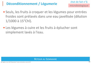 47
Défi Hygiène, le jeu HACCP Restauration® Cuisine commerciale, un jeu du CIPE
Déconditionnement / Légumerie
Retour au Sommaire
RETOUR AU SOMMAIRE
état de fait n°1
microbiologique
• Seuls, les fruits à croquer et les légumes pour entrées
froides sont prélavés dans une eau javellisée (dilution
1/1000 à 15 Chl).
• Les légumes à cuire et les fruits à éplucher sont
simplement lavés à l'eau.
 