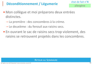 51
Défi Hygiène, le jeu HACCP Restauration® Cuisine commerciale, un jeu du CIPE
Déconditionnement / Légumerie
Retour au Sommaire
RETOUR AU SOMMAIRE
état de fait n°4
allergène
• Mon collègue et moi préparons deux entrées
distinctes.
– La première : des concombres à la crème.
– Le deuxième : du fenouil aux raisins secs.
• En ouvrant le sac de raisins secs trop violement, des
raisins se retrouvent projetés dans les concombres.
 