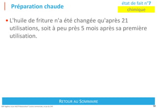 58
Défi Hygiène, le jeu HACCP Restauration® Cuisine commerciale, un jeu du CIPE
Préparation chaude
Retour au Sommaire
RETOUR AU SOMMAIRE
état de fait n°7
chimique
• L'huile de friture n'a été changée qu'après 21
utilisations, soit à peu près 5 mois après sa première
utilisation.
 