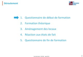 Tout droit réservé - CIPE 2024 - www.CIPE.fr 6
1. Questionnaire de début de formation
2. Formation théorique
3. Aménagement des locaux
4. Réaction aux états de fait
5. Questionnaire de fin de formation
Déroulement
 