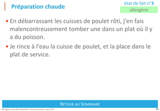 62
Défi Hygiène, le jeu HACCP Restauration® Cuisine commerciale, un jeu du CIPE
Préparation chaude
Retour au Sommaire
RETOUR AU SOMMAIRE
état de fait n°3
allergène
• En débarrassant les cuisses de poulet rôti, j'en fais
malencontreusement tomber une dans un plat où il y
a du poisson.
• Je rince à l'eau la cuisse de poulet, et la place dans le
plat de service.
 