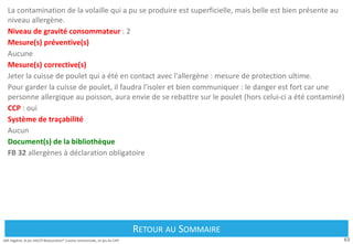 63
Défi Hygiène, le jeu HACCP Restauration® Cuisine commerciale, un jeu du CIPE
La contamination de la volaille qui a pu se produire est superficielle, mais belle est bien présente au
niveau allergène.
Niveau de gravité consommateur : 2
Mesure(s) préventive(s)
Aucune
Mesure(s) corrective(s)
Jeter la cuisse de poulet qui a été en contact avec l'allergène : mesure de protection ultime.
Pour garder la cuisse de poulet, il faudra l'isoler et bien communiquer : le danger est fort car une
personne allergique au poisson, aura envie de se rebattre sur le poulet (hors celui-ci a été contaminé)
CCP : oui
Système de traçabilité
Aucun
Document(s) de la bibliothèque
FB 32 allergènes à déclaration obligatoire
Retour au Sommaire
RETOUR AU SOMMAIRE
 