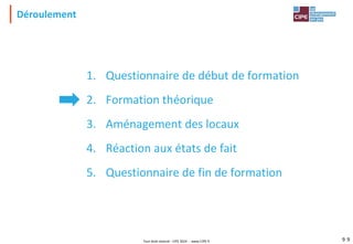 Tout droit réservé - CIPE 2024 - www.CIPE.fr 9
1. Questionnaire de début de formation
2. Formation théorique
3. Aménagement des locaux
4. Réaction aux états de fait
5. Questionnaire de fin de formation
9
Déroulement
 