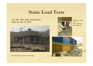 Static Load Tests
1m dia, 48m long production
piles @ COL of 10m
Hydraulic Jacks
with
synchronized
pumping unit
Concrete blocks used as kentledge
 