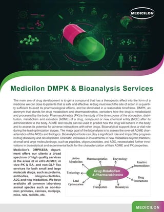 The main aim of drug development is to get a compound that has a therapeutic effect into the form of a
medicine we can dose to patients that is safe and effective. A drug must reach the site of action in a quanti-
ty sufficient to exert its pharmacological effects, and be eliminated in a reasonable timeframe. DMPK, an
acronym that stands for drug metabolism and pharmacokinetics, considers how the drug is metabolized
and processed by the body. Pharmacokinetics (PK) is the study of the time course of the absorption, distri-
bution, metabolism and excretion (ADME) of a drug, compound or new chemical entity (NCE) after its
administration to the body. ADME test results can be used to predict how the drug will behave in the body
and to assess its potential for adverse interactions with other drugs. Bioanalytical support plays a vital role
during the lead optimization stages. The major goal of the bioanalysis is to assess the over-all ADME char-
acteristics of the NCEs and biologics. Bioanalytical tools can play a significant role and impact the progress
in drug discovery and development. Dramatic increases in investments in new modalities beyond tradition-
al small and large molecule drugs, such as peptides, oligonucleotides, and ADC, necessitated further inno-
vations in bioanalytical and experimental tools for the characterization of their ADME and PK properties.
Medicilon DMPK & Bioanalysis Services
Medicilon’s DMPK&BA depart-
ment offers our clients a broad
spectrum of high quality services
in the areas of in vitro ADMET, in
vivo PK & BA, and non-GLP Tox
services for both small and large
molecule drugs, such as proteins,
antibodies, oliogonucleotides,
ADC and new modalities. We have
available all common laboratory
animal species such as non-hu-
man primates, canines, minipigs,
mice, rats, rabbits, etc.
MEDICILON
Drug Metabolism
& Pharmacokinetics
 