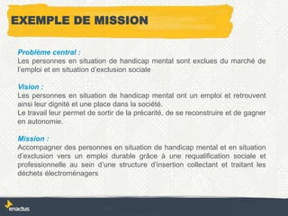 EXEMPLE DE MISSION
Problème central :
Les personnes en situation de handicap mental sont exclues du marché de
l’emploi et en situation d’exclusion sociale
Vision :
Les personnes en situation de handicap mental ont un emploi et retrouvent
ainsi leur dignité et une place dans la société.
Le travail leur permet de sortir de la précarité, de se reconstruire et de gagner
en autonomie.
Mission :
Accompagner des personnes en situation de handicap mental et en situation
d’exclusion vers un emploi durable grâce à une requalification sociale et
professionnelle au sein d’une structure d’insertion collectant et traitant les
déchets électroménagers
 