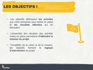 LES OBJECTIFS !
• Les objectifs définissent les activités
que votre entreprise veut mettre en place
et les résultats attendus qui en
découlent
• L’ensemble des résultats des activités
mises en place permettent d’atteindre la
mission du projet
• Complétés de la vision et de la mission,
les objectifs forment la logique
d’intervention du projet
 