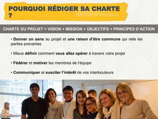 POURQUOI RÉDIGER SA CHARTE
?
• Donner un sens au projet et une raison d’être commune qui relie les
parties prenantes
• Mieux définir comment vous allez opérer à travers votre projet
• Fédérer et motiver les membres de l’équipe
• Communiquer et susciter l’intérêt de vos interlocuteurs
CHARTE DU PROJET = VISION + MISSION + OBJECTIFS + PRINCIPES D’ACTION
 