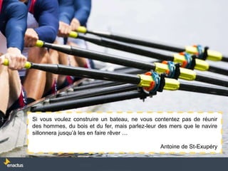 Si vous voulez construire un bateau, ne vous contentez pas de réunir
des hommes, du bois et du fer, mais parlez-leur des mers que le navire
sillonnera jusqu’à les en faire rêver …
Antoine de St-Exupéry
 