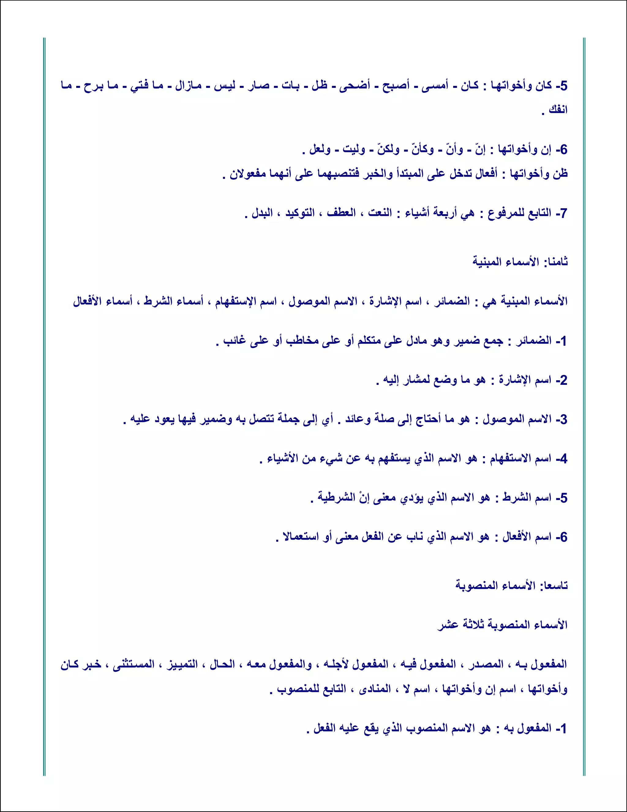 ‫5- ﻛﺎن وأﺧﻮاﺗﮭ ﺎ : ﻛ ﺎن - أﻣﺴ ﻰ - أﺻ ﺒﺢ - أﺿ ﺤﻰ - ﻇ ﻞ - ﺑ ﺎت - ﺻ ﺎر - ﻟﯿ ﺲ - ﻣ ﺎزال - ﻣ ﺎ ﻓ ﺘﻲ - ﻣ ﺎ ﺑ ﺮح - ﻣ ﺎ‬
                                                                                                              ‫اﻧﻔﻚ .‬

                                                       ‫6- إن وأﺧﻮاﺗﮭﺎ : إن - وأن - وﻛﺄ ّ - وﻟﻜﻦ - وﻟﯿﺖ - وﻟﻌﻞ .‬
                                                                       ‫ّ‬      ‫ن‬       ‫ّ‬     ‫ّ‬
                                    ‫ﻇﻦ وأﺧﻮاﺗﮭﺎ : أﻓﻌﺎل ﺗﺪﺧﻞ ﻋﻠﻰ اﻟﻤﺒﺘﺪأ واﻟﺨﺒﺮ ﻓﺘﻨﺼﺒﮭﻤﺎ ﻋﻠﻰ أﻧﮭﻤﺎ ﻣﻔﻌﻮﻻن .‬

                                          ‫7- اﻟﺘﺎﺑﻊ ﻟﻠﻤﺮﻓﻮع : ھﻲ أرﺑﻌﺔ أﺷﯿﺎء : اﻟﻨﻌﺖ ، اﻟﻌﻄﻒ ، اﻟﺘﻮﻛﯿﺪ ، اﻟﺒﺪل .‬


                                                                                              ‫ﺛﺎﻣﻨﺎ: اﻷﺳﻤﺎء اﻟﻤﺒﻨﯿﺔ‬

  ‫اﻷﺳﻤﺎء اﻟﻤﺒﻨﯿﺔ ھﻲ : اﻟﻀﻤﺎﺋﺮ ، اﺳﻢ اﻹﺷﺎرة ، اﻻﺳﻢ اﻟﻤﻮﺻﻮل ، اﺳﻢ اﻹﺳﺘﻔﮭﺎم ، أﺳﻤﺎء اﻟﺸﺮط ، أﺳﻤﺎء اﻷﻓﻌﺎل‬

                                   ‫1- اﻟﻀﻤﺎﺋﺮ : ﺟﻤﻊ ﺿﻤﯿﺮ وھﻮ ﻣﺎدل ﻋﻠﻰ ﻣﺘﻜﻠﻢ أو ﻋﻠﻰ ﻣﺨﺎﻃﺐ أو ﻋﻠﻰ ﻏﺎﺋﺐ .‬

                                                                        ‫2- اﺳﻢ اﻹﺷﺎرة : ھﻮ ﻣﺎ وﺿﻊ ﻟﻤﺸﺎر إﻟﯿﮫ .‬

              ‫3- اﻻﺳﻢ اﻟﻤﻮﺻﻮل : ھﻮ ﻣﺎ أﺣﺘﺎج إﻟﻰ ﺻﻠﺔ وﻋﺎﺋﺪ . أي إﻟﻰ ﺟﻤﻠﺔ ﺗﺘﺼﻞ ﺑﮫ وﺿﻤﯿﺮ ﻓﯿﮭﺎ ﯾﻌﻮد ﻋﻠﯿﮫ .‬

                                             ‫4- اﺳﻢ اﻻﺳﺘﻔﮭﺎم : ھﻮ اﻻﺳﻢ اﻟﺬي ﯾﺴﺘﻔﮭﻢ ﺑﮫ ﻋﻦ ﺷﻲء ﻣﻦ اﻷﺷﯿﺎء .‬

                                                         ‫5- اﺳﻢ اﻟﺸﺮط : ھﻮ اﻻﺳﻢ اﻟﺬي ﯾﺆدي ﻣﻌﻨﻰ إنْ اﻟﺸﺮﻃﯿﺔ .‬

                                                 ‫6- اﺳﻢ اﻷﻓﻌﺎل : ھﻮ اﻻﺳﻢ اﻟﺬي ﻧﺎب ﻋﻦ اﻟﻔﻌﻞ ﻣﻌﻨﻰ أو اﺳﺘﻌﻤﺎﻻ .‬


                                                                                          ‫ﺗﺎﺳﻌﺎ: اﻷﺳﻤﺎء اﻟﻤﻨﺼﻮﺑﺔ‬

                                                                                      ‫اﻷﺳﻤﺎء اﻟﻤﻨﺼﻮﺑﺔ ﺛﻼﺛﺔ ﻋﺸﺮ‬

‫اﻟﻤﻔﻌ ﻮل ﺑ ﮫ ، اﻟﻤﺼ ﺪر ، اﻟﻤﻔﻌ ﻮل ﻓﯿ ﮫ ، اﻟﻤﻔﻌ ﻮل ﻷﺟﻠ ﮫ ، واﻟﻤﻔﻌ ﻮل ﻣﻌ ﮫ ، اﻟﺤ ﺎل ، اﻟﺘﻤﯿ ﯿﺰ ، اﻟﻤﺴ ﺘﺜﻨﻰ ، ﺧ ﺒﺮ ﻛ ﺎن‬
                                               ‫وأﺧﻮاﺗﮭﺎ ، اﺳﻢ إن وأﺧﻮاﺗﮭﺎ ، اﺳﻢ ﻻ ، اﻟﻤﻨﺎدى ، اﻟﺘﺎﺑﻊ ﻟﻠﻤﻨﺼﻮب .‬

                                                        ‫1- اﻟﻤﻔﻌﻮل ﺑﮫ : ھﻮ اﻻﺳﻢ اﻟﻤﻨﺼﻮب اﻟﺬي ﯾﻘﻊ ﻋﻠﯿﮫ اﻟﻔﻌﻞ .‬
 