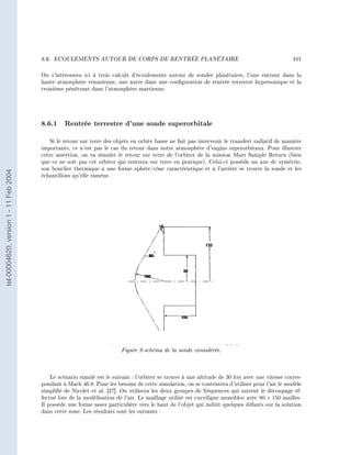 8.6.   ECOULEMENTS AUTOUR DE CORPS DE RENTRÉE PLANÉTAIRE                                                 101


                                        On s'intéressera ici à trois calculs d'écoulements autour de sondes planétaires, l'une entrant dans la
                                        haute atmosphère vénusienne, une autre dans une conguration de rentrée terrestre hypersonique et la
                                        troisième pénétrant dans l'atmosphère martienne.




                                        8.6.1 Rentrée terrestre d'une sonde superorbitale
                                            Si le retour sur terre des objets en orbite basse ne fait pas intervenir le transfert radiatif de manière
                                        importante, ce n'est pas le cas du retour dans notre atmosphère d'engins superorbitaux. Pour illustrer
                                        cette assertion, on va simuler le retour sur terre de l'orbiter de la mission Mars Sample Return (bien
                                        que ce ne soit pas cet orbiter qui rentrera sur terre en pratique). Celui-ci possède un axe de symétrie,
                                        son bouclier thermique a une forme sphère/cône caractéristique et à l'arrière se trouve la sonde et les
tel-00004620, version 1 - 11 Feb 2004




                                        échantillons qu'elle ramène.




                                                                         Figure 9-schéma de la sonde considérée.


                                            Le scénario simulé est le suivant : l'orbiter se trouve à une altitude de 30 km avec une vitesse corres-
                                        pondant à Mach 46.8. Pour les besoins de cette simulation, on se contentera d'utiliser pour l'air le modèle
                                        simplié de Nicolet et al. [27]. On utilisera les deux groupes de fréquences qui suivent le découpage ef-
                                        fectué lors de la modélisation de l'air. Le maillage utilisé est curviligne monobloc avec 80 × 150 mailles.
                                        Il possède une forme assez particulière vers le haut de l'objet qui induit quelques défauts sur la solution
                                        dans cette zone. Les résultats sont les suivants :
 