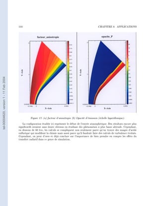 110                                                                    CHAPITRE 8.      APPLICATIONS
tel-00004620, version 1 - 11 Feb 2004




                                                  Figure 17- (a) facteur d'anisotropie (b) Opacité d'émission (échelle logarithmique).
                                            La conguration étudiée ici représente le début de l'entrée atmosphérique. Des résultats encore plus
                                        signicatifs seraient sans doute obtenus en étudiant des phénomènes à plus basse altitude. Cependant,
                                        en dessous de 60 km, les calculs se compliquent non seulement parce qu'on trouve des nuages d'acide
                                        sulfurique qui modient la chimie mais aussi parce qu'il faudrait faire des calculs de turbulence évolués.
                                        Cependant, on peut d'ores et déjà conclure sur l'importance de bien prendre en compte les eets du
                                        transfert radiatif dans ce genre de simulation.
 