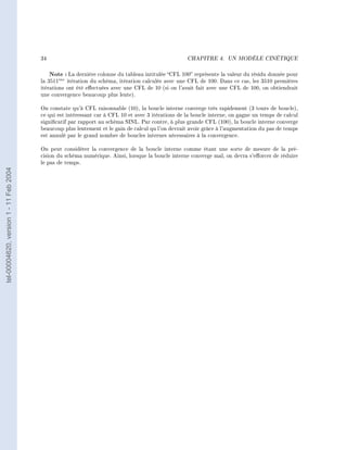 34                                                          CHAPITRE 4.      UN MODÈLE CINÉTIQUE




                                            Note : La dernière colonne du tableau intitulée CFL 100 représente la valeur du résidu donnée pour
                                        la 3511me itération du schéma, itération calculée avec une CFL de 100. Dans ce cas, les 3510 premières
                                        itérations ont été eectuées avec une CFL de 10 (si on l'avait fait avec une CFL de 100, on obtiendrait
                                        une convergence beaucoup plus lente).

                                        On constate qu'à CFL raisonnable (10), la boucle interne converge très rapidement (3 tours de boucle),
                                        ce qui est intéressant car à CFL 10 et avec 3 itérations de la boucle interne, on gagne un temps de calcul
                                        signicatif par rapport au schéma SINL. Par contre, à plus grande CFL (100), la boucle interne converge
                                        beaucoup plus lentement et le gain de calcul qu l'on devrait avoir grâce à l'augmentation du pas de temps
                                        est annulé par le grand nombre de boucles internes nécessaires à la convergence.

                                        On peut considérer la convergence de la boucle interne comme étant une sorte de mesure de la pré-
                                        cision du schéma numérique. Ainsi, lorsque la boucle interne converge mal, on devra s'eorcer de réduire
                                        le pas de temps.
tel-00004620, version 1 - 11 Feb 2004
 