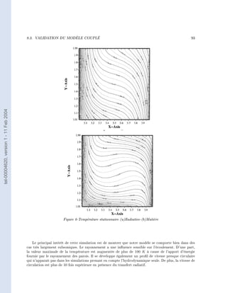 8.3.   VALIDATION DU MODÈLE COUPLÉ                                                                   93
tel-00004620, version 1 - 11 Feb 2004




                                                              Figure 6-Température stationnaire (a)Radiative-(b)Matière




                                            Le principal intérêt de cette simulation est de montrer que notre modèle se comporte bien dans des
                                        cas très largement subsoniques. Le rayonnement a une inuence sensible sur l'écoulement. D'une part,
                                        la valeur maximale de la température est augmentée de plus de 100 K à cause de l'apport d'énergie
                                        fournie par le rayonnement des parois. Il se développe également un prol de vitesse presque circulaire
                                        qui n'apparaît pas dans les simulations prenant en compte l'hydrodynamique seule. De plus, la vitesse de
                                        circulation est plus de 10 fois supérieure en présence du transfert radiatif.
 