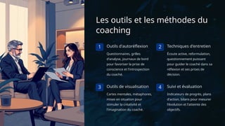 Les outils et les méthodes du
coaching
1 Outils d'autoréflexion
Questionnaires, grilles
d'analyse, journaux de bord
pour favoriser la prise de
conscience et l'introspection
du coaché.
2 Techniques d'entretien
Écoute active, reformulation,
questionnement puissant
pour guider le coaché dans sa
réflexion et ses prises de
décision.
3 Outils de visualisation
Cartes mentales, métaphores,
mises en situation pour
stimuler la créativité et
l'imagination du coaché.
4 Suivi et évaluation
Indicateurs de progrès, plans
d'action, bilans pour mesurer
l'évolution et l'atteinte des
objectifs.
 
