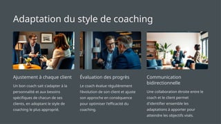 Adaptation du style de coaching
Ajustement à chaque client
Un bon coach sait s'adapter à la
personnalité et aux besoins
spécifiques de chacun de ses
clients, en adoptant le style de
coaching le plus approprié.
Évaluation des progrès
Le coach évalue régulièrement
l'évolution de son client et ajuste
son approche en conséquence
pour optimiser l'efficacité du
coaching.
Communication
bidirectionnelle
Une collaboration étroite entre le
coach et le client permet
d'identifier ensemble les
adaptations à apporter pour
atteindre les objectifs visés.
 
