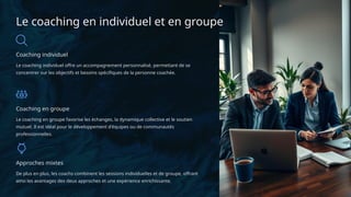 Le coaching en individuel et en groupe
Coaching individuel
Le coaching individuel offre un accompagnement personnalisé, permettant de se
concentrer sur les objectifs et besoins spécifiques de la personne coachée.
Coaching en groupe
Le coaching en groupe favorise les échanges, la dynamique collective et le soutien
mutuel. Il est idéal pour le développement d'équipes ou de communautés
professionnelles.
Approches mixtes
De plus en plus, les coachs combinent les sessions individuelles et de groupe, offrant
ainsi les avantages des deux approches et une expérience enrichissante.
 