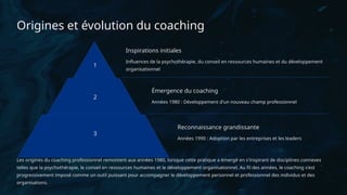 Origines et évolution du coaching
1
Inspirations initiales
Influences de la psychothérapie, du conseil en ressources humaines et du développement
organisationnel
2
Émergence du coaching
Années 1980 : Développement d'un nouveau champ professionnel
3
Reconnaissance grandissante
Années 1990 : Adoption par les entreprises et les leaders
Les origines du coaching professionnel remontent aux années 1980, lorsque cette pratique a émergé en s'inspirant de disciplines connexes
telles que la psychothérapie, le conseil en ressources humaines et le développement organisationnel. Au fil des années, le coaching s'est
progressivement imposé comme un outil puissant pour accompagner le développement personnel et professionnel des individus et des
organisations.
 