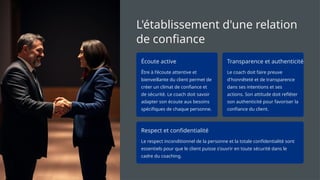L'établissement d'une relation
de confiance
Écoute active
Être à l'écoute attentive et
bienveillante du client permet de
créer un climat de confiance et
de sécurité. Le coach doit savoir
adapter son écoute aux besoins
spécifiques de chaque personne.
Transparence et authenticité
Le coach doit faire preuve
d'honnêteté et de transparence
dans ses intentions et ses
actions. Son attitude doit refléter
son authenticité pour favoriser la
confiance du client.
Respect et confidentialité
Le respect inconditionnel de la personne et la totale confidentialité sont
essentiels pour que le client puisse s'ouvrir en toute sécurité dans le
cadre du coaching.
 